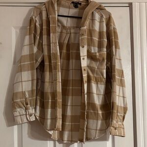 Tan and White Plaid Hooded Flannel